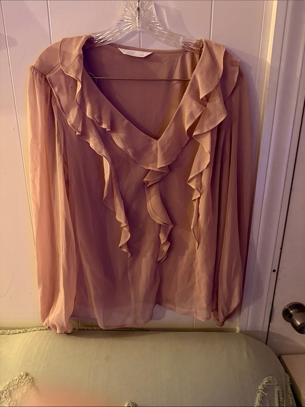 LC Lauren Conrad Ruffled V-Neck Sheer Blouse - Dusty Rose
